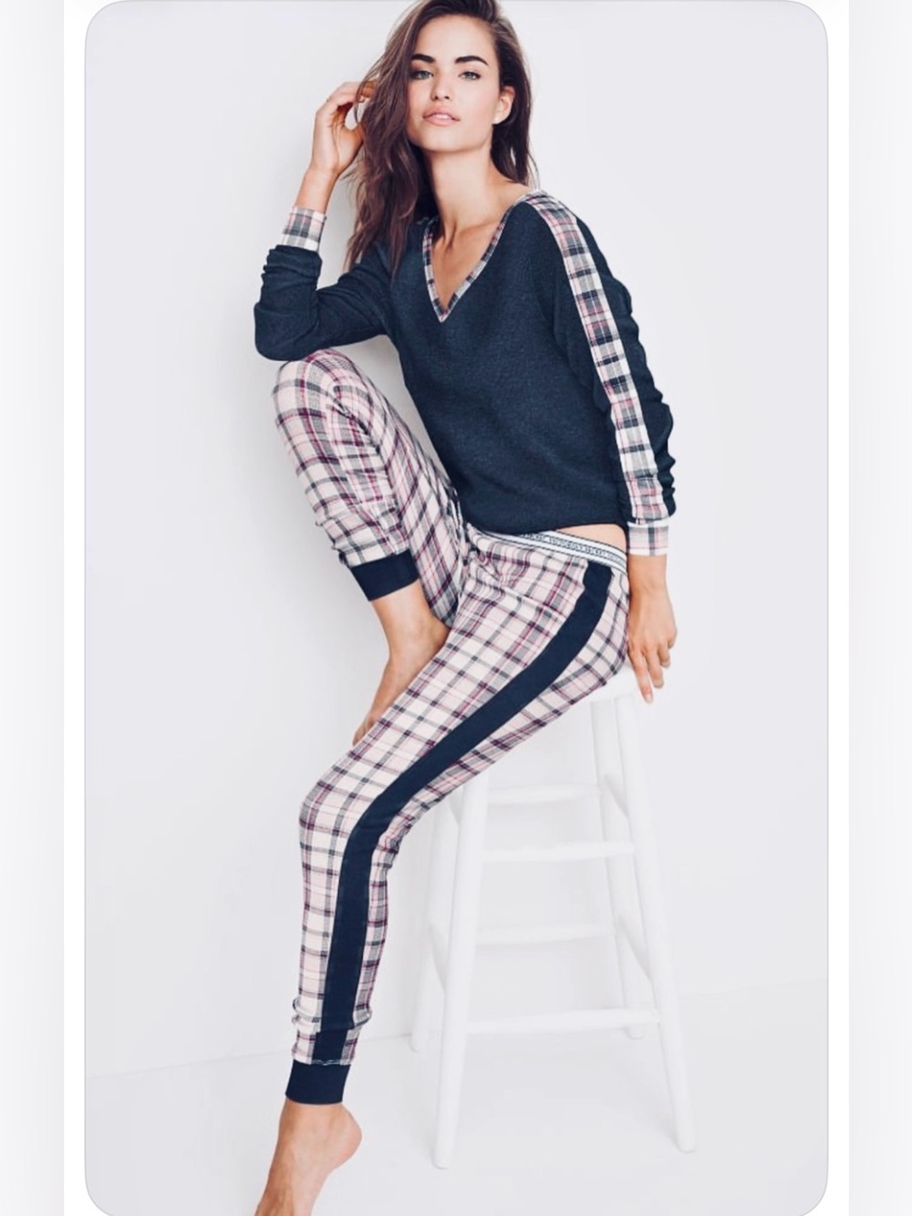 Victoria's Secret Navy & Pink Plaid Thermal Pajamas Large NWOT